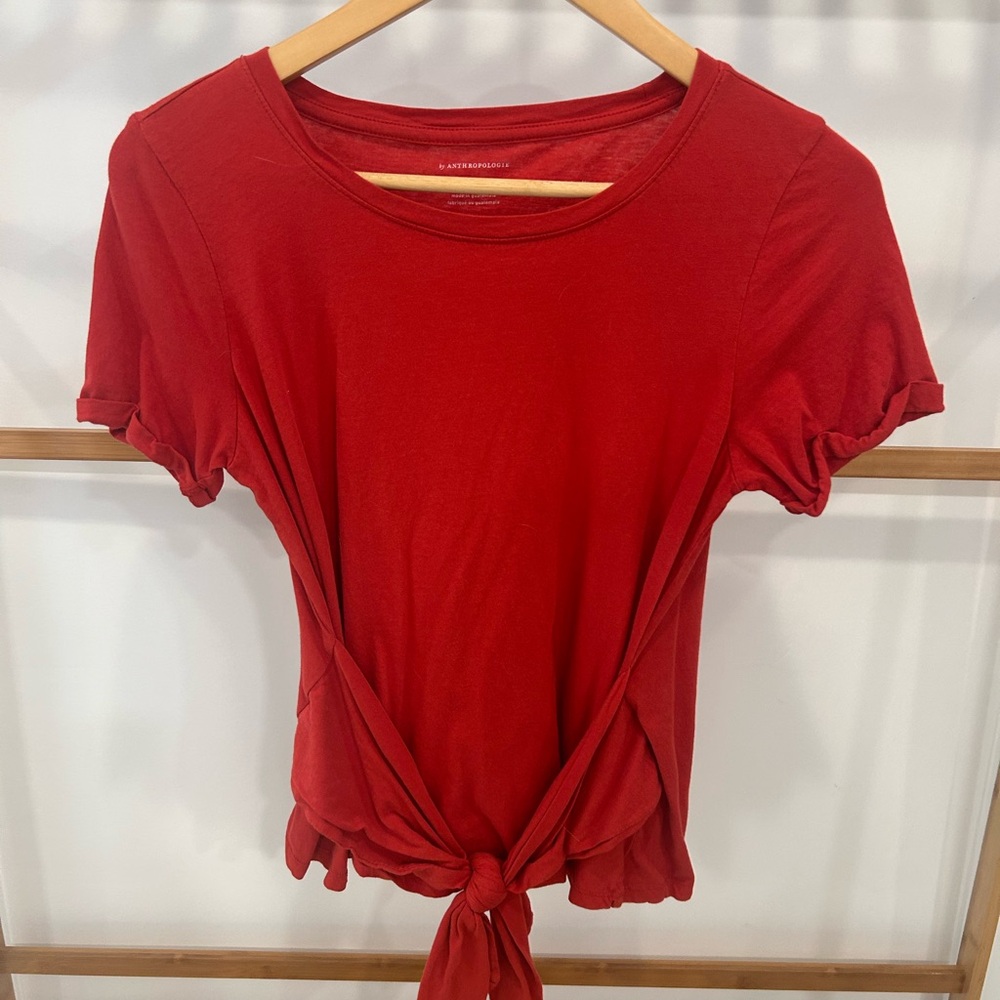 Anthropologie Red Tie Front Cuffed Sleeve T-Shirt